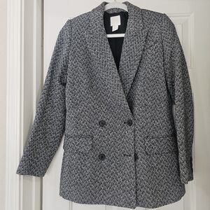 Women Black & White Herringbone Blazer XS